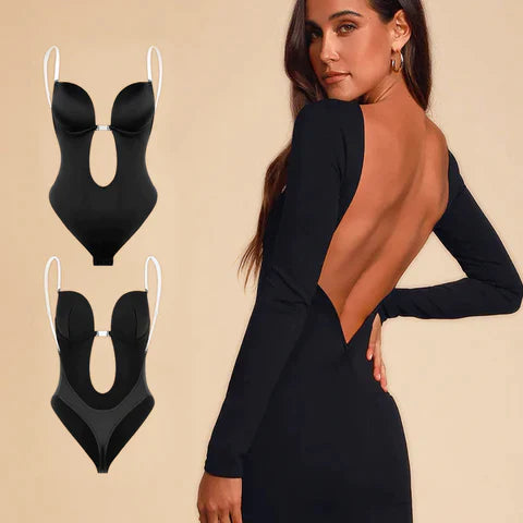 Nahtloser schwarzer Body Shaper mit Bauchkorrektur, rückenfrei, Damenmode.
