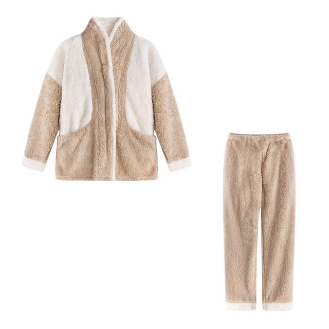 Khaki Damen Fleece-Pyjama-Set, zweifarbig, weich, warm, gemütlich, Winterbekleidung.