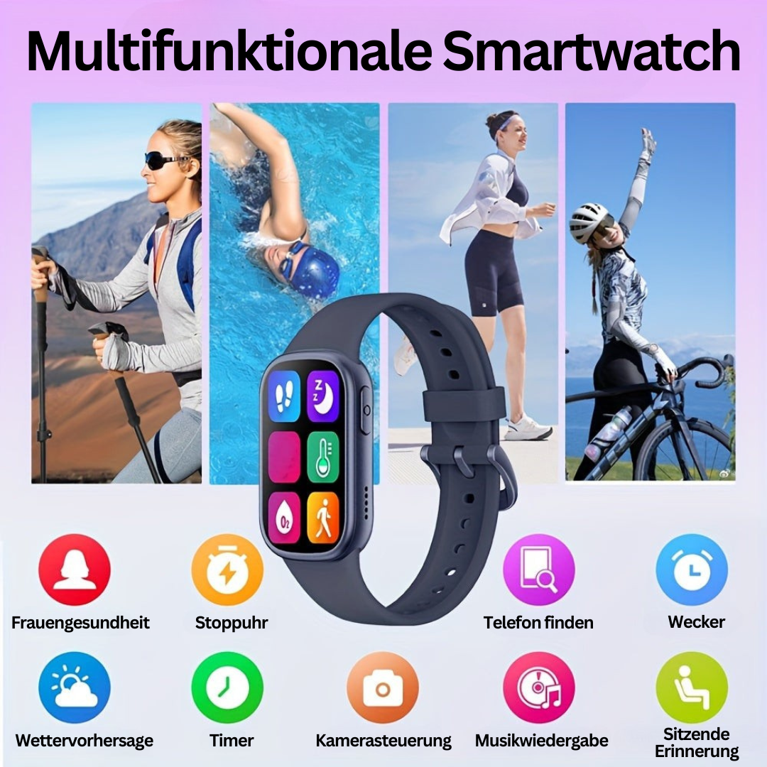Multifunktionale Smartwatch, lila, Fitness-Tracking, Musik, Wetter, Gesundheit, Sport.