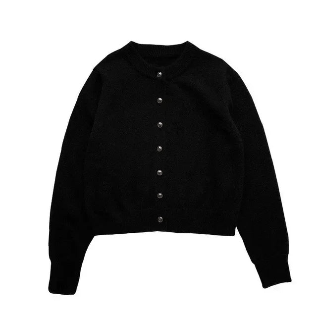 Schwarzer Damen-Strickcardigan, Rundhals, Knöpfe, Frühling 2023, koreanischer Stil.