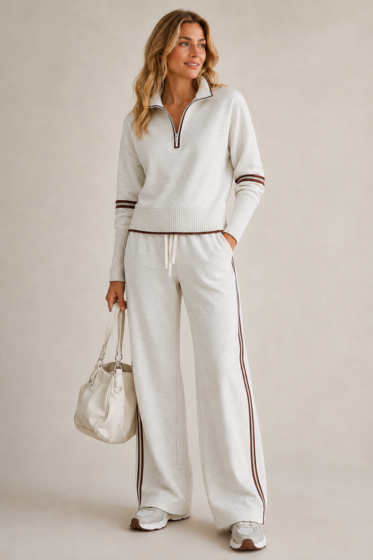 Knitted Two-Piece Set with Quarter-Zip Sweater and Wide-Leg Pants 1