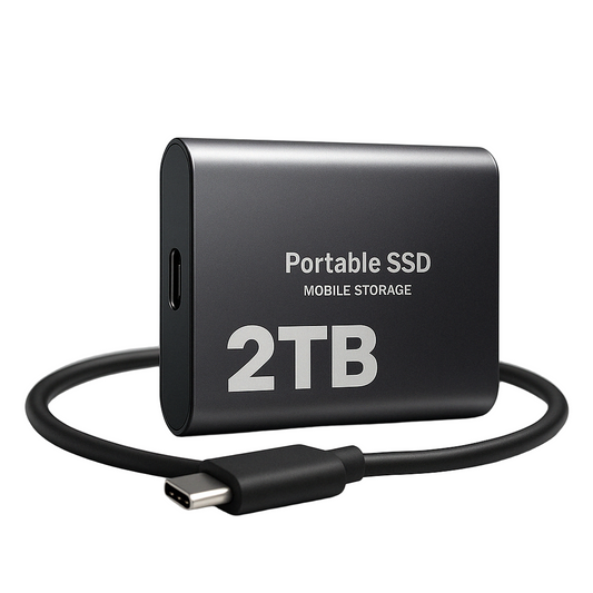 Svart bärbar SSD i metallhölje med USB-C-port på kortsidan och en uppkrullad svart kabel framför, mot vit bakgrund. 1
