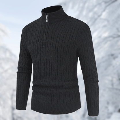Schwarzer Herren-Strickpullover mit Reißverschluss, Wintermode, warm, elegant, bequem.