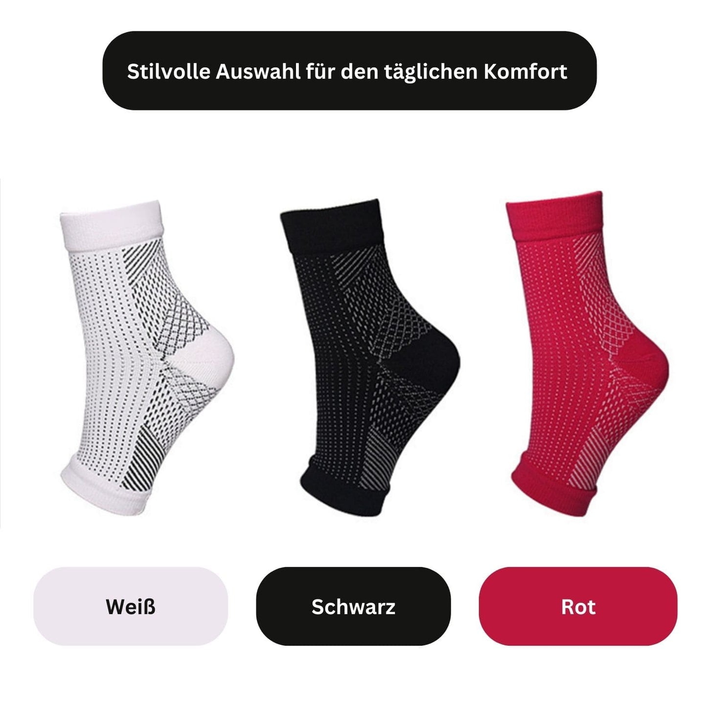 Weiße, schwarze und rote Kompressionssocken für täglichen Komfort, stilvolles Design.