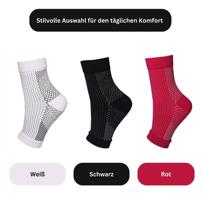 Weiße, schwarze und rote Kompressionssocken für täglichen Komfort, stilvolles Design.
