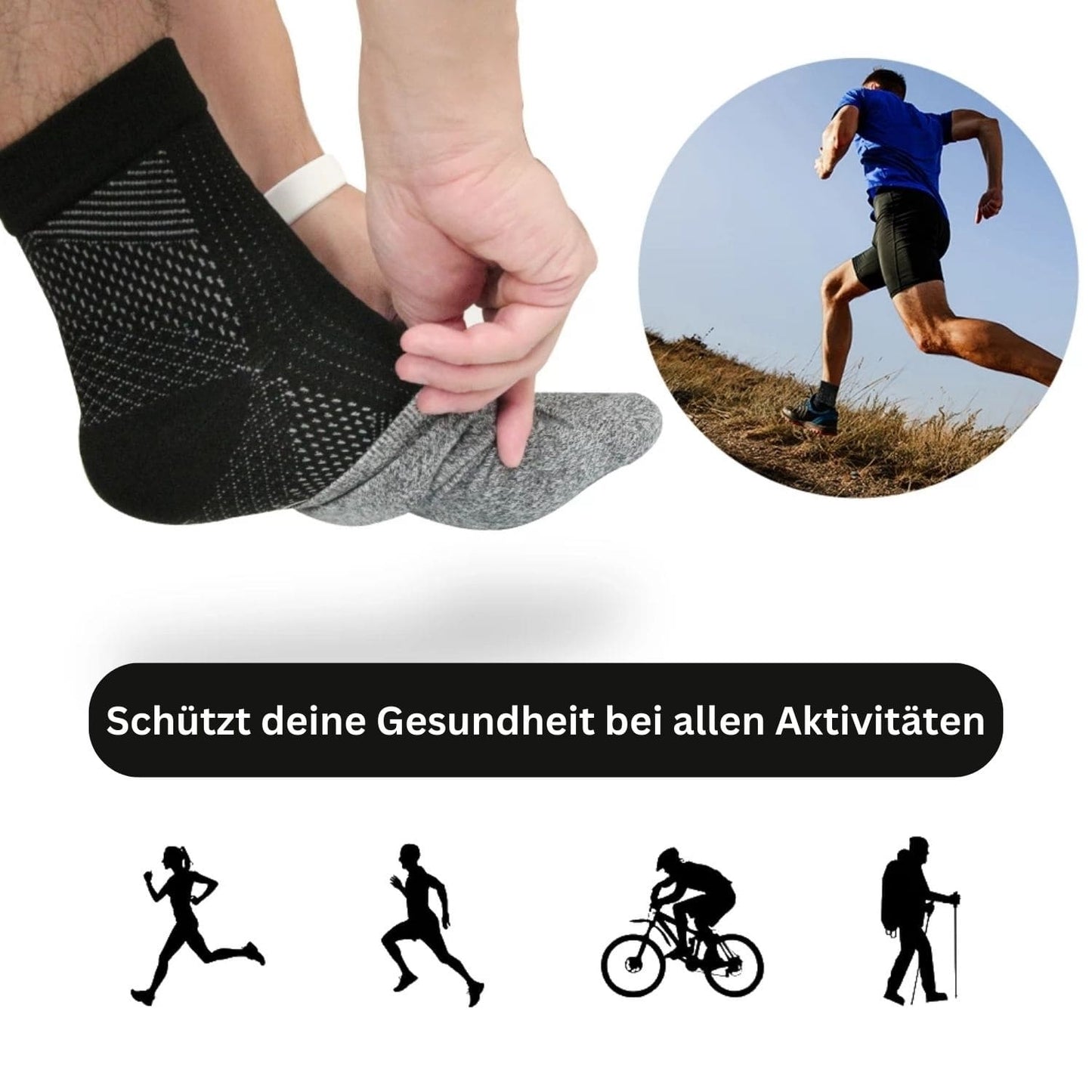 Schwarze und graue Kompressionssocken, ideal für Sport und Outdoor-Aktivitäten.