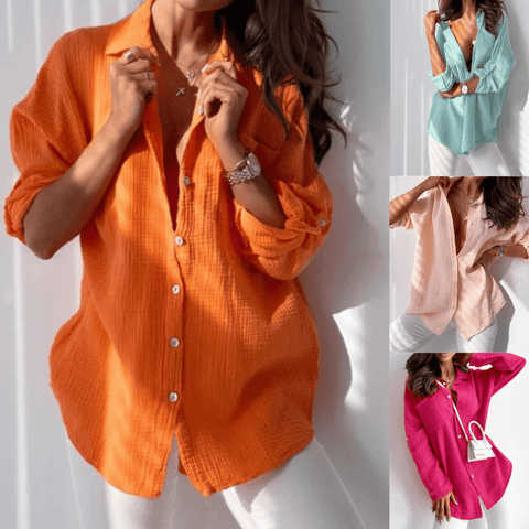 Frau trägt orangefarbene Leinenbluse, Collage mit blauen, rosa und roten Varianten.