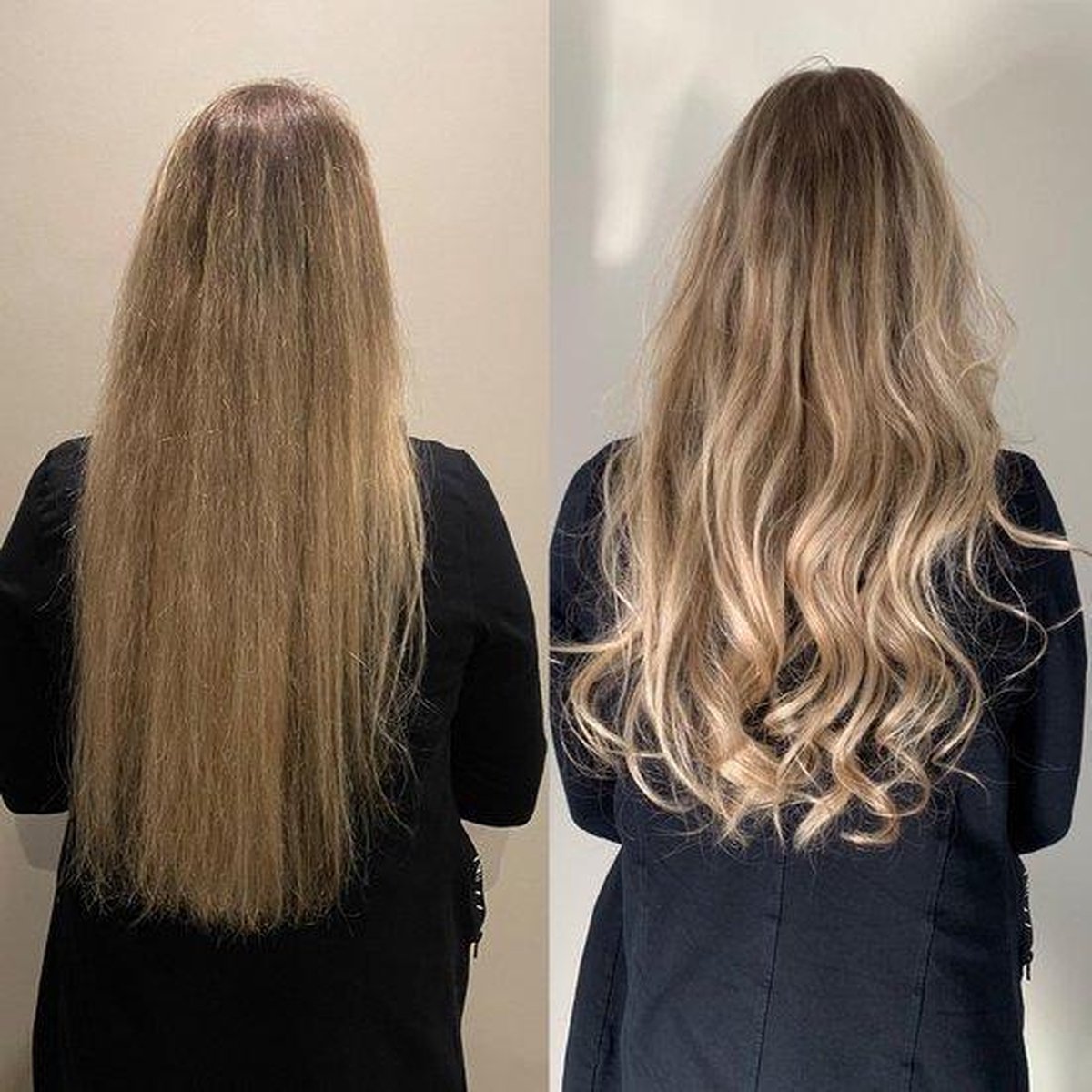 Vorher-Nachher-Bild von Haaren: Glatt zu lockig, blond, Haarstyling, Frisurenvergleich.
