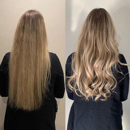Vorher-Nachher-Bild von Haaren: Glatt zu lockig, blond, Haarstyling, Frisurenvergleich.