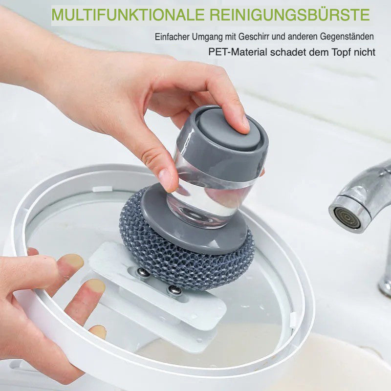 Multifunktionale Reinigungsbürste mit Seifenspender, grau, PET-Material, Küchenzubehör.