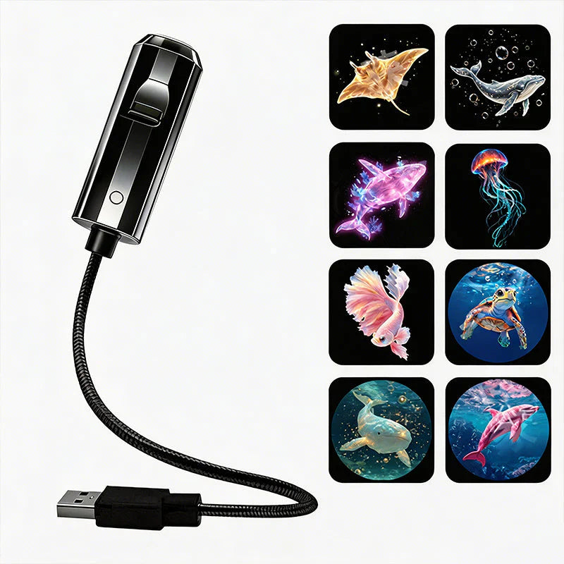 Svart projektor med flexibel USB-arm bredvid åtta bildskivor med rocka, valar, manet, fisk, sköldpadda och delfin 8