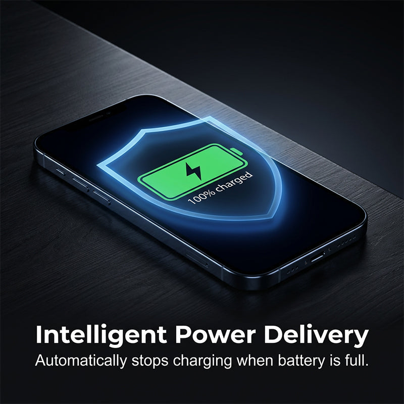 Mobil på mörk bordsyta visar full batterinivå med en skyddssköld, som symbol för att laddningen stoppas automatiskt. 6