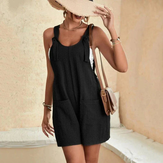 Damen-Sommer-Jumpsuit, schwarz, ärmellos, U-Ausschnitt, weites Bein, Freizeit, mit Taschen.