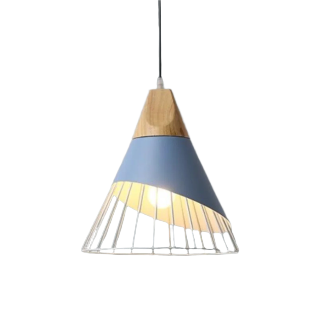 Moderne Hängelampe aus Holz und Metall, blau, skandinavisches Design, Innenbeleuchtung.