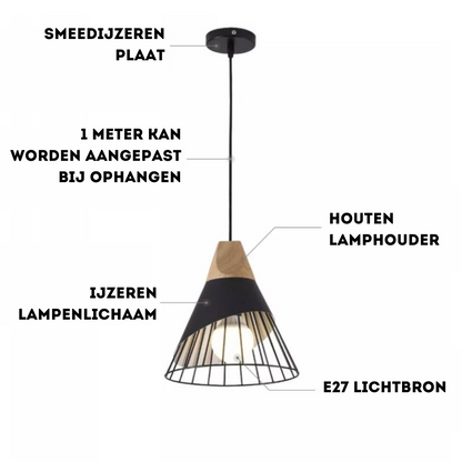 Hängelampe aus Schmiedeeisen und Holz, E27 Fassung, verstellbar, modernes Design.