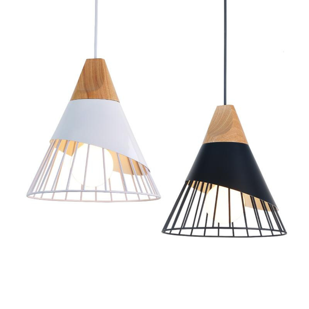 Zwei moderne Hängelampen, Holz-Metall-Mix, schwarz-weiß, skandinavisches Design.