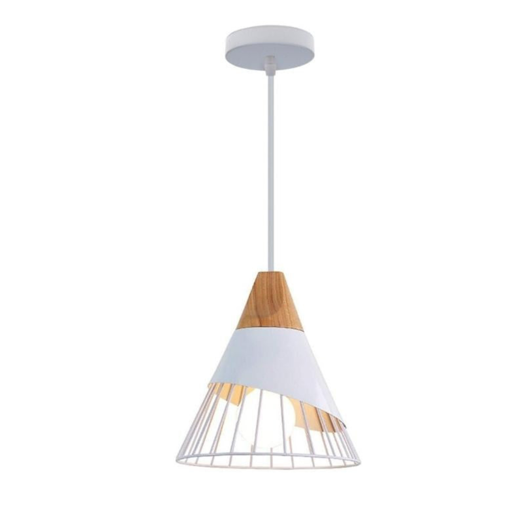 Moderne Hängelampe aus Holz und Metall, weiß, skandinavisches Design, Wohnzimmerbeleuchtung.
