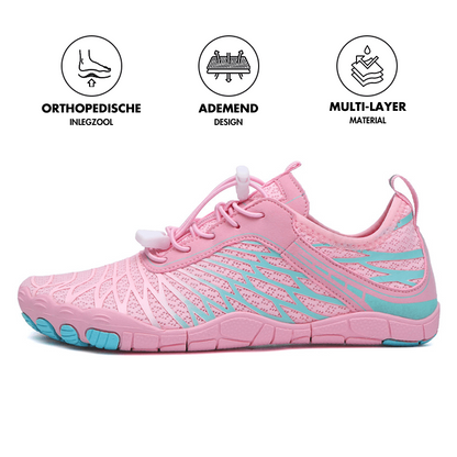 Rosa Barfußschuhe mit orthopädischer Einlegesohle, atmungsaktivem Design, mehrlagigem Material.