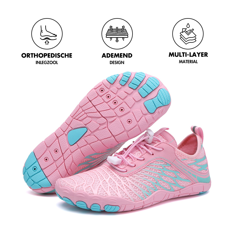 Rosa Barfußschuhe mit orthopädischer Einlegesohle, atmungsaktivem Design, mehrschichtigem Material.