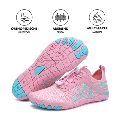 Rosa Barfußschuhe mit orthopädischer Einlegesohle, atmungsaktivem Design, mehrschichtigem Material.