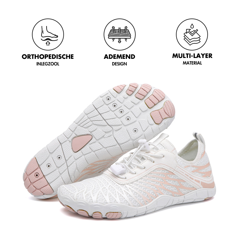 Weiße Damen-Barfußschuhe mit orthopädischer Einlegesohle, atmungsaktivem Design, mehrlagigem Material.
