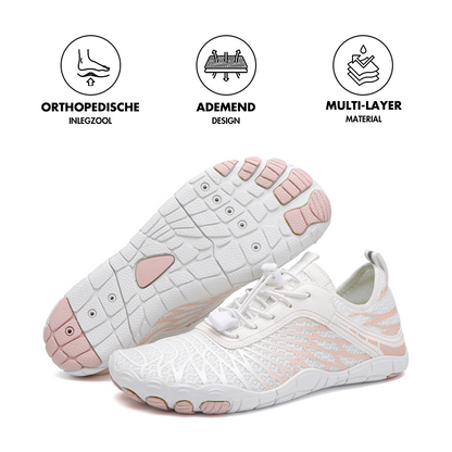 Weiße Damen-Barfußschuhe mit orthopädischer Einlegesohle, atmungsaktivem Design, mehrlagigem Material.