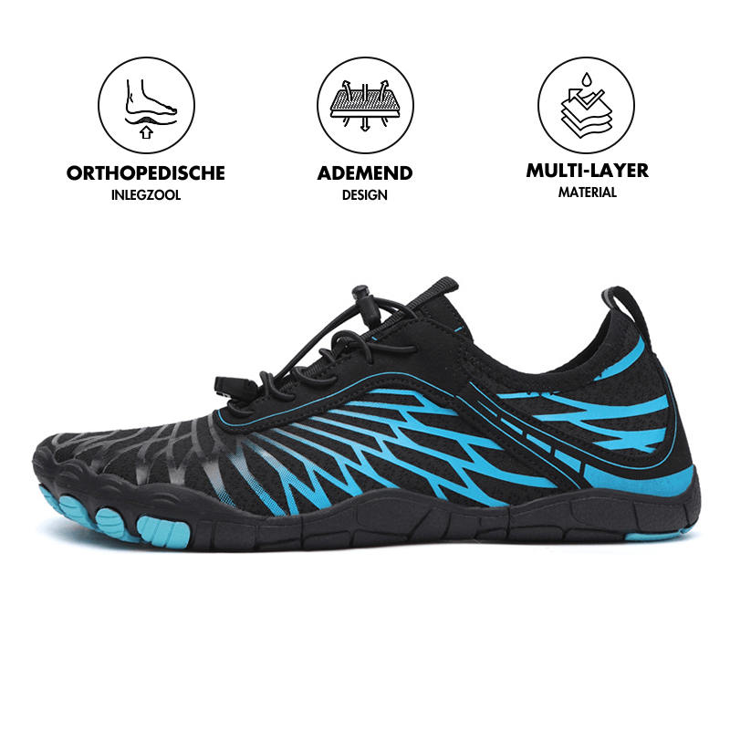 Schwarzer und blauer Barfußschuh, orthopädische Einlegesohle, atmungsaktives Design.