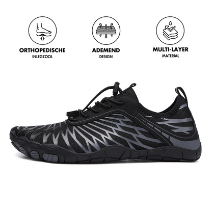 Schwarzer Barfußschuh mit orthopädischer Einlegesohle, atmungsaktivem Design, Mehrschichtmaterial.
