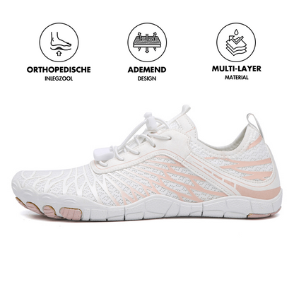 Weiße Barfußschuhe mit orthopädischer Einlegesohle, atmungsaktivem Design, mehrlagigem Material.