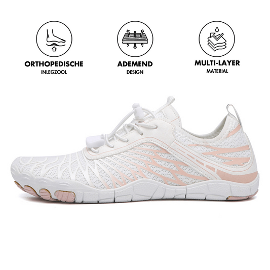 Weiße Barfußschuhe mit orthopädischer Einlegesohle, atmungsaktivem Design, mehrlagigem Material.