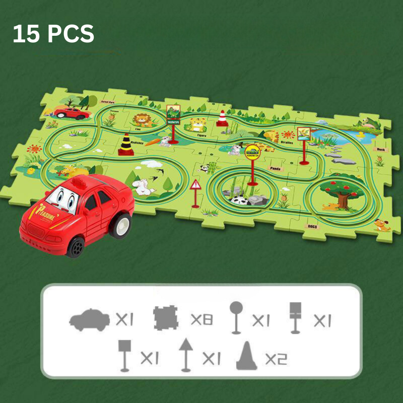 Rotes Spielzeugauto auf grünem Puzzle-Spielmatte mit Straßenmotiv, 15-teiliges Set.