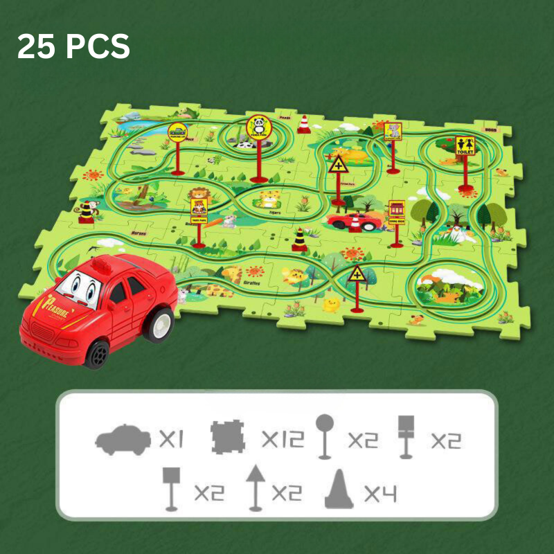 25-teiliges Spielzeug-Set: Rote Autofigur, grüne Puzzle-Straßenmatte, Verkehrsschilder.