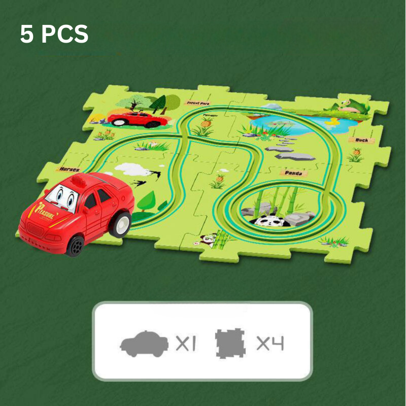 Rotes Spielzeugauto auf grünem Puzzleteppich mit Straßenmotiv, 5-teiliges Set.