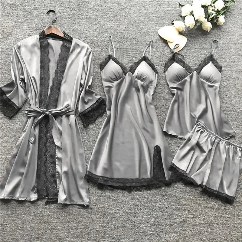 Graues Damen-Pyjama-Set aus Satin mit Spitze, 4-teilig, Nachtwäsche, elegant und sexy.