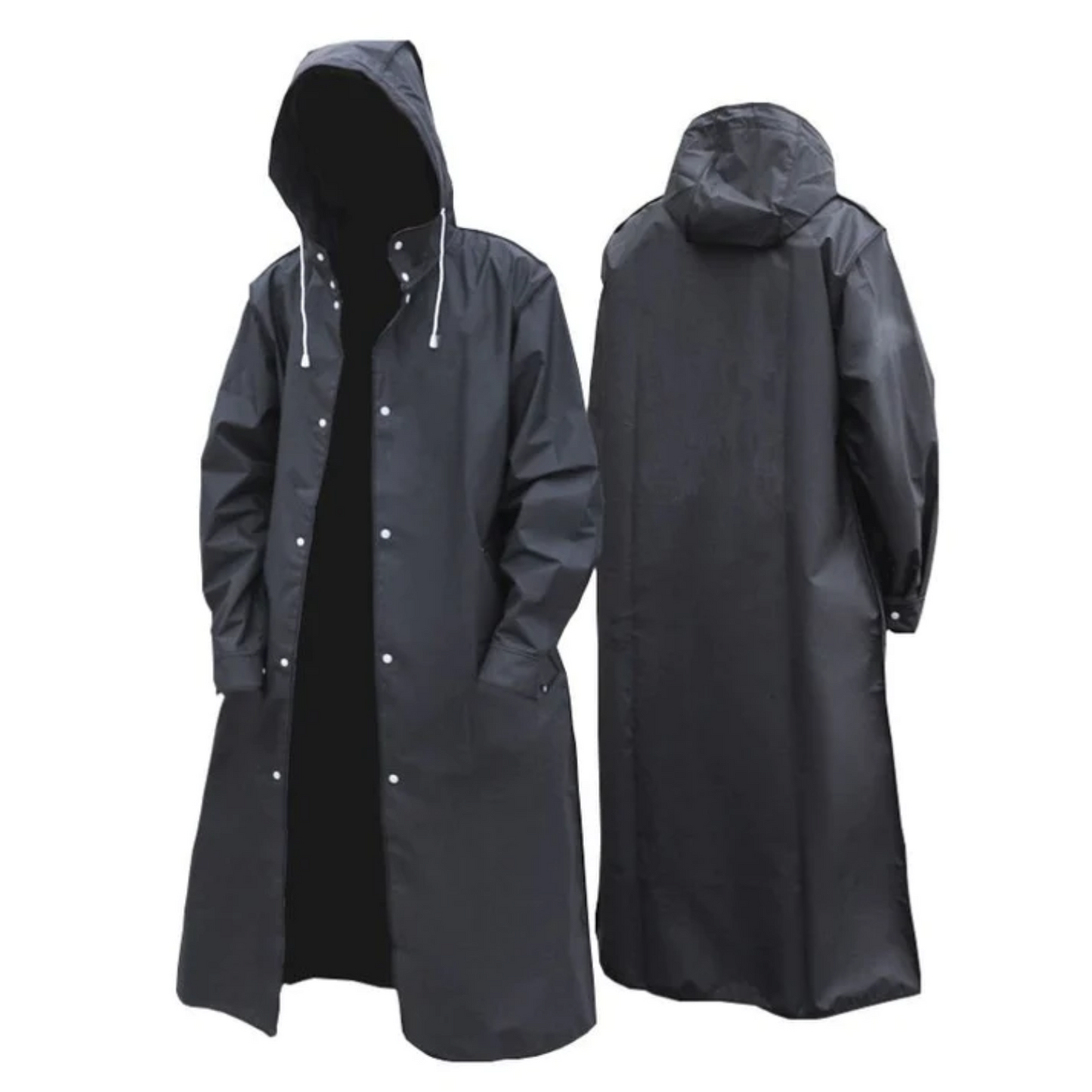 Langer schwarzer Regenmantel für Herren mit Kapuze, wasserdicht, Outdoor-Bekleidung.