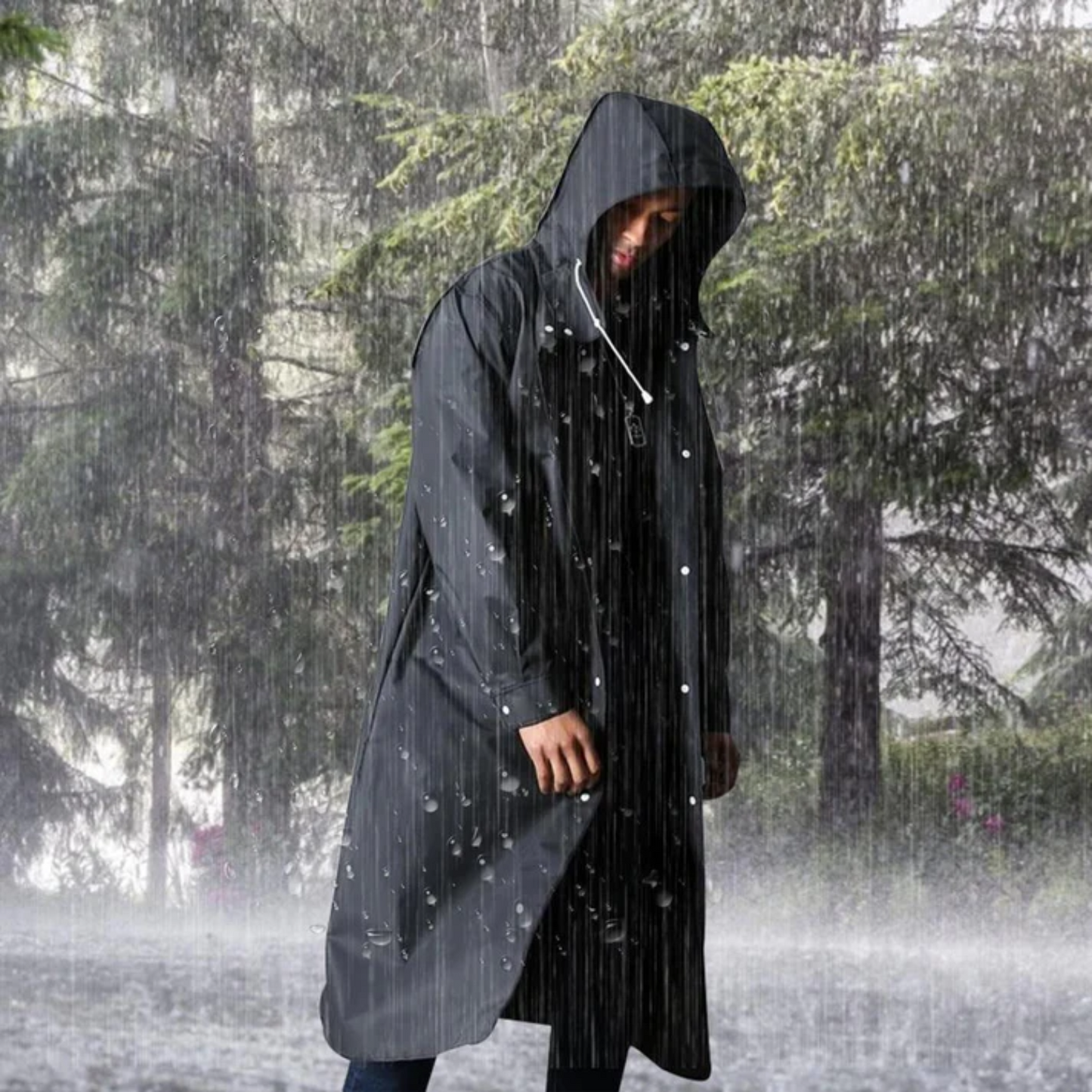 Mann in langer, schwarzer Regenjacke mit Kapuze im Regen stehend, Outdoor-Bekleidung.