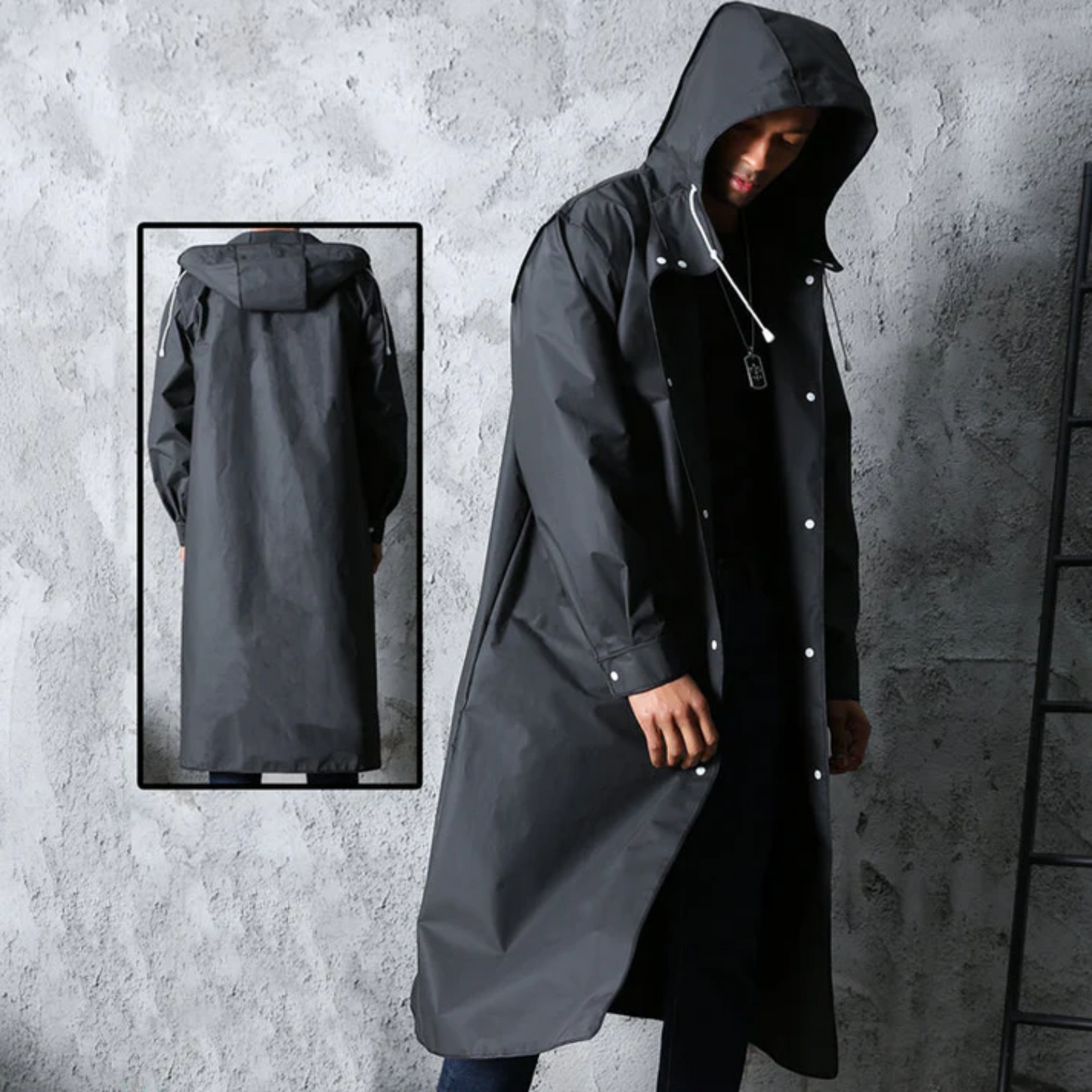 Langer Herren-Regenmantel, schwarz, wasserdicht, mit Kapuze, modisch, Outdoor-Bekleidung.