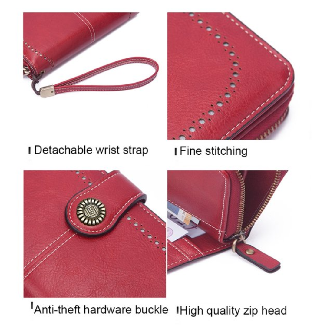 Rote Lederhandgelenktasche, abnehmbarer Riemen, feine Nähte, Diebstahlschutz-Schnalle.