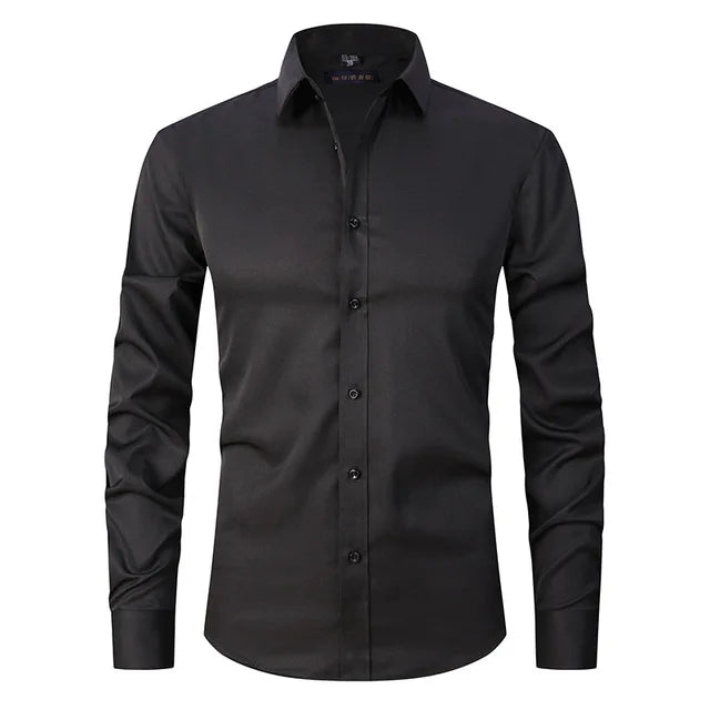 Schwarzes Herrenhemd, knitterfrei, elastisch, komfortabel, langärmelig, Business-Stil.