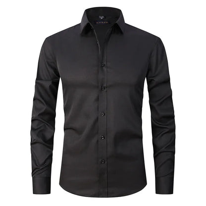 Schwarzes Herrenhemd, knitterfrei, elastisch, komfortabel, langärmelig, Business-Stil.