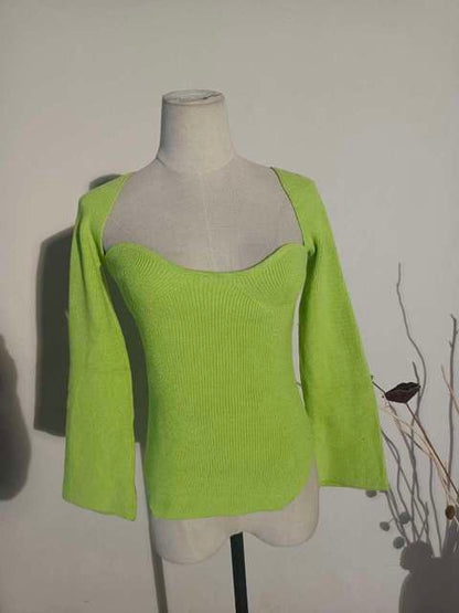 Grüner Strickpullover Damen, langärmlig, modisch, elegant, Frühling, Sommermode.