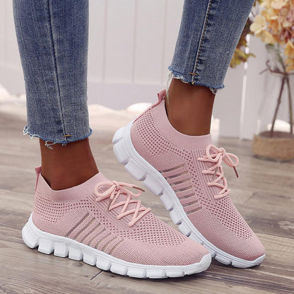 Rosa Damen-Sneaker, atmungsaktiv, rutschfeste Sohle, Strickmaterial, Freizeitmode.