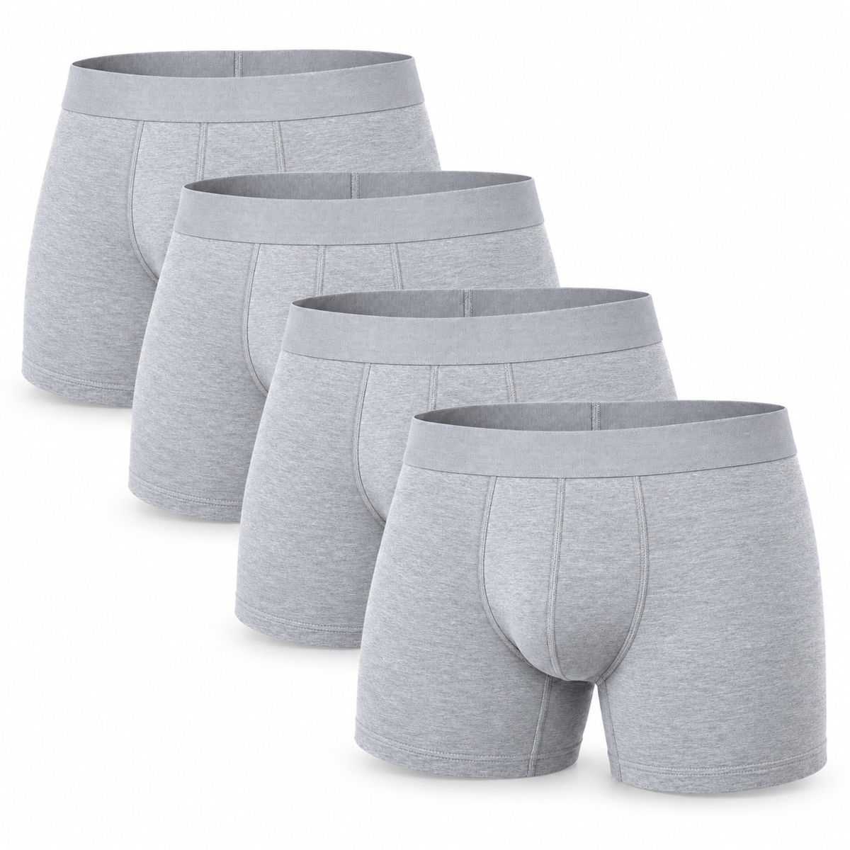 Fyra gråmelerade boxerkalsonger staplade i en rad, sedda framifrån, som visar ett flerpack. 6