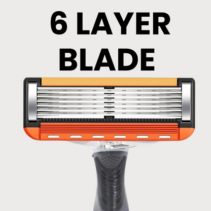 Närbild framifrån på ett reservblad med sex parallella blad, orange list upptill och orange glidremsa nedtill. 5