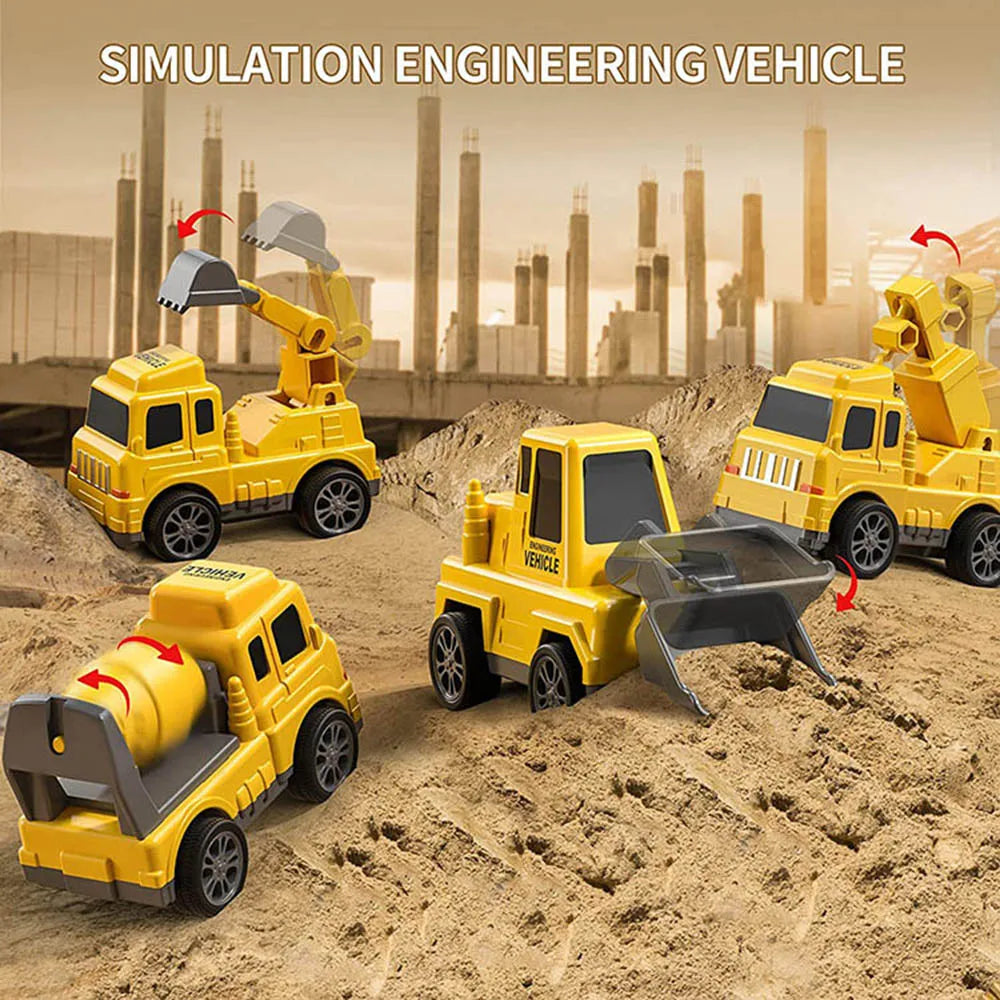 Gelbes Spielzeug-Baufahrzeug-Set auf Sand, Simulation, Kran, Betonmischer, Bagger.