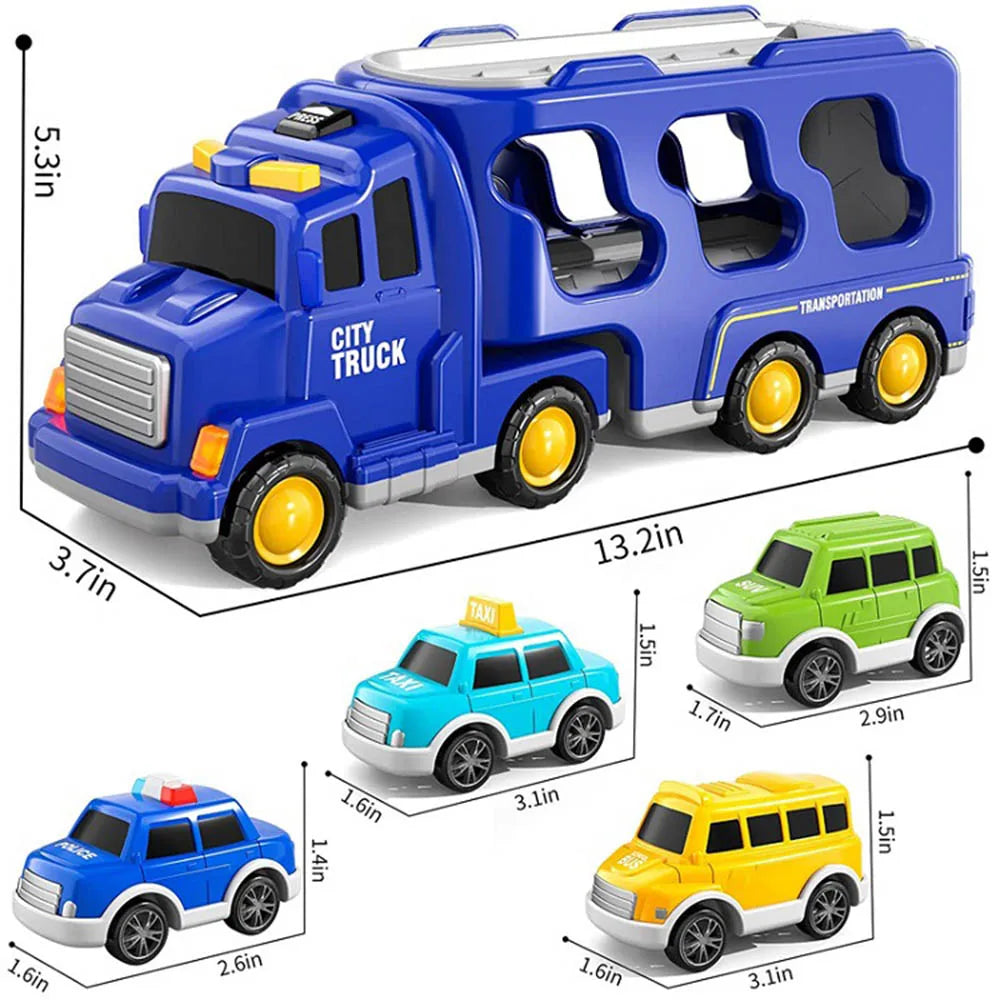 Blauer Spielzeug-Transporter mit Musik und Licht, enthält vier bunte Mini-Fahrzeuge.