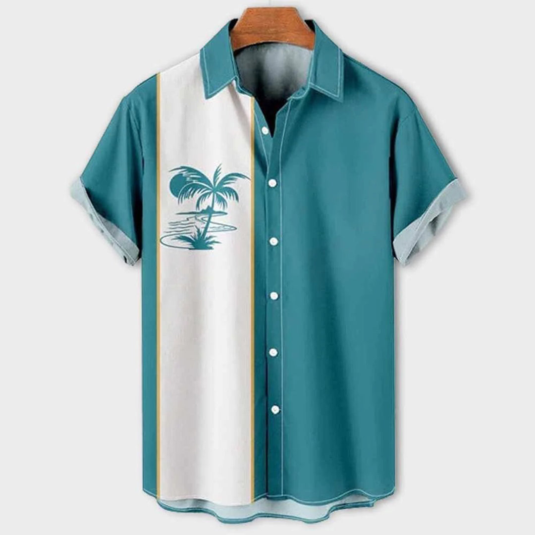 Herrenhemd türkis mit Palmenmotiv, Kurzarm, Knopfleiste, Sommermode, Freizeitkleidung.