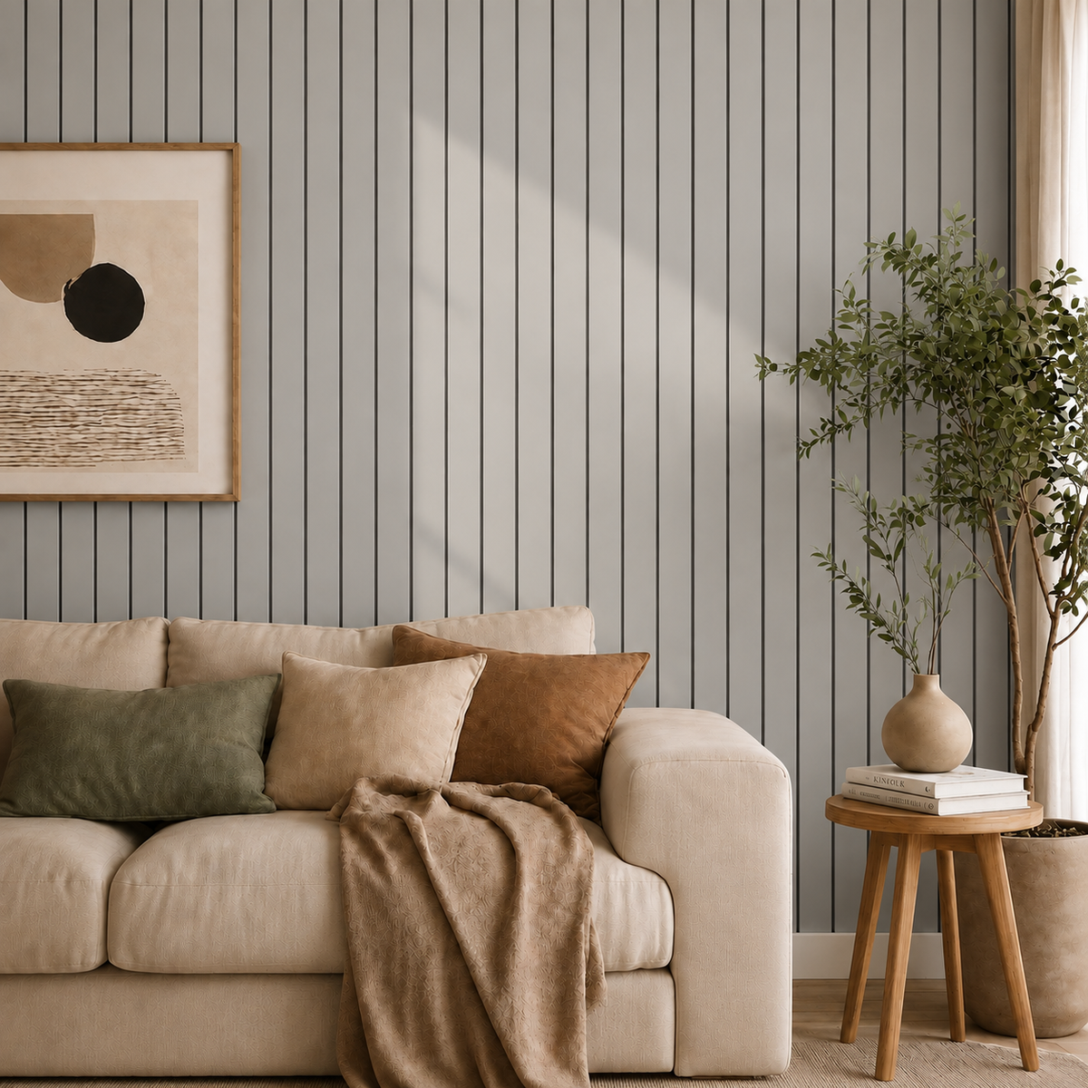 Vardagsrum med beige soffa framför grå ribbvägg, inramad tavla och stor växt 15