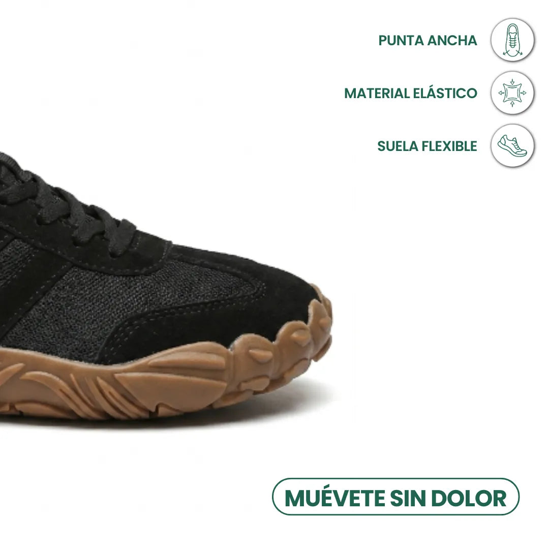 Närbild på främre delen av den svarta skon med bred tå och flexibel gummisula, med ikoner över egenskaperna. 23