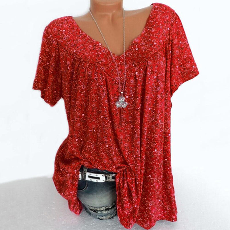 Rotes Damen V-Ausschnitt T-Shirt, kurzarm, lässig, geblümt, Baumwolle, Sommermode.